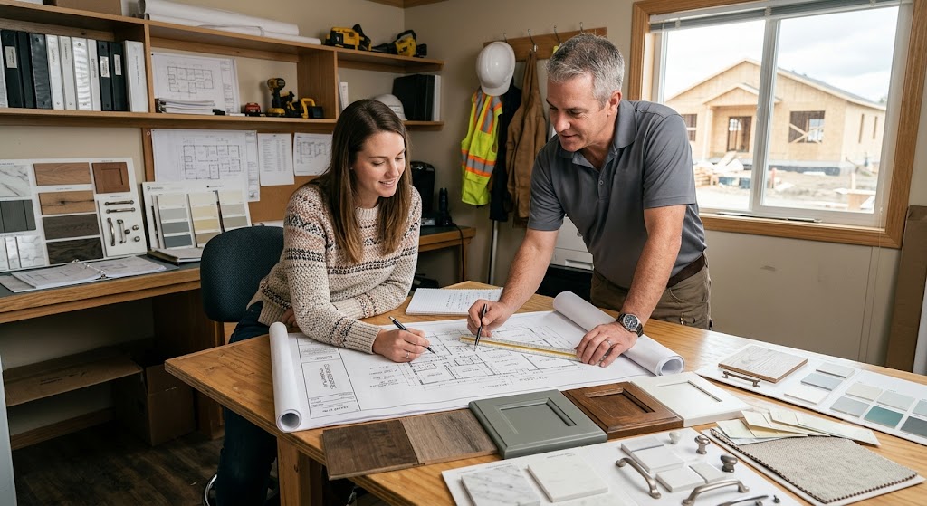 Homeowner reviewing custom home plans and finish selections with a home builder